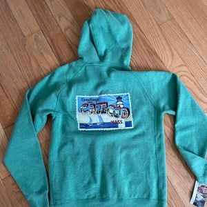 RED BIKE BRAND GREEN ZIP UP CAPE COD POSTAGE STAMP HOODIE SWEATSHIRT